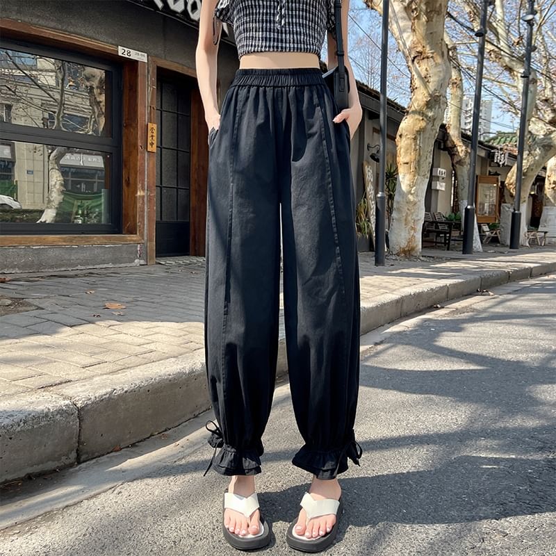 Elastic Waist Ruffle Pants Plain Harem Bow Trim Cropped