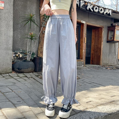 Elastic Waist Ruffle Pants Plain Harem Bow Trim Cropped