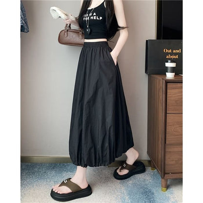 High Bubble A-Line Waist Skirt Midi Hem Plain
