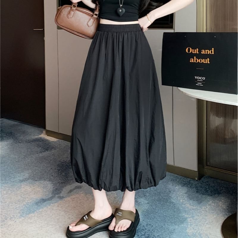 High Bubble A-Line Waist Skirt Midi Hem Plain