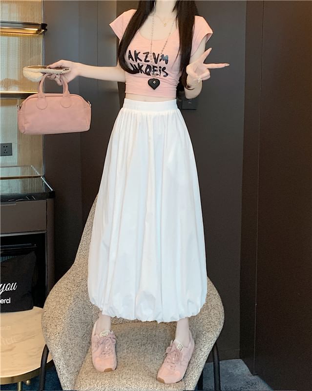 High Bubble A-Line Waist Skirt Midi Hem Plain
