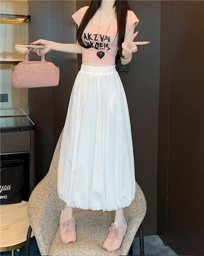 High Bubble A-Line Waist Skirt Midi Hem Plain