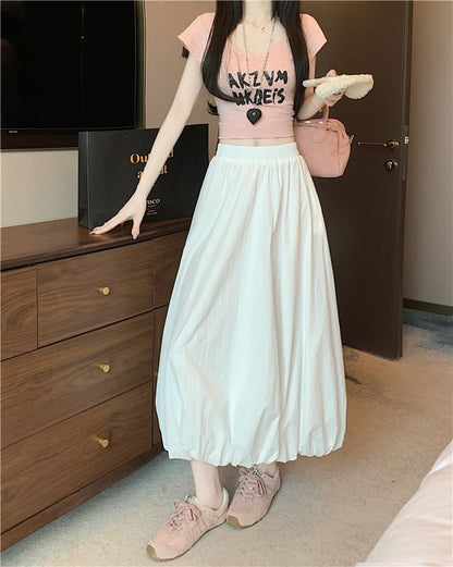 High Bubble A-Line Waist Skirt Midi Hem Plain