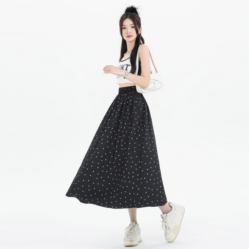 A-Line Skirt Dotted Elastic Waist Midi