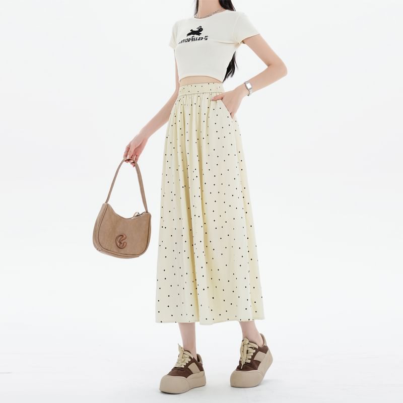 A-Line Skirt Dotted Elastic Waist Midi