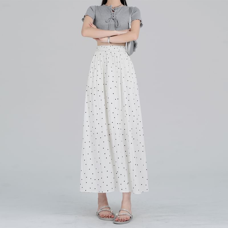 A-Line Skirt Dotted Elastic Waist Midi