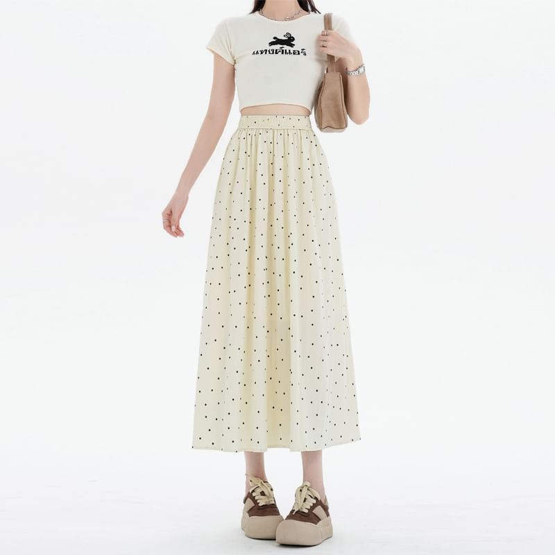 A-Line Skirt Dotted Elastic Waist Midi