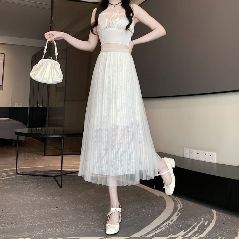 Waist A-Line Midi High Accordion Mesh Skirt Plain Pleated