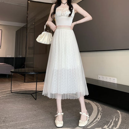 Waist A-Line Midi High Accordion Mesh Skirt Plain Pleated