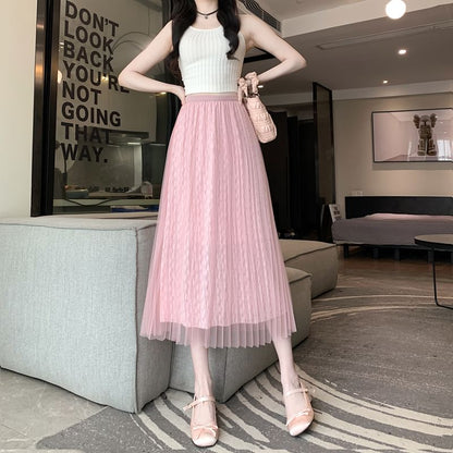Waist A-Line Midi High Accordion Mesh Skirt Plain Pleated