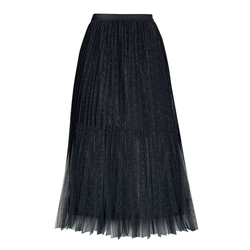 Waist A-Line Midi High Accordion Mesh Skirt Plain Pleated
