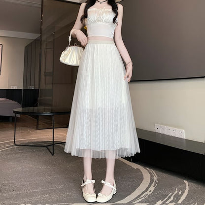 Waist A-Line Midi High Accordion Mesh Skirt Plain Pleated
