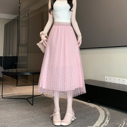 Waist A-Line Midi High Accordion Mesh Skirt Plain Pleated