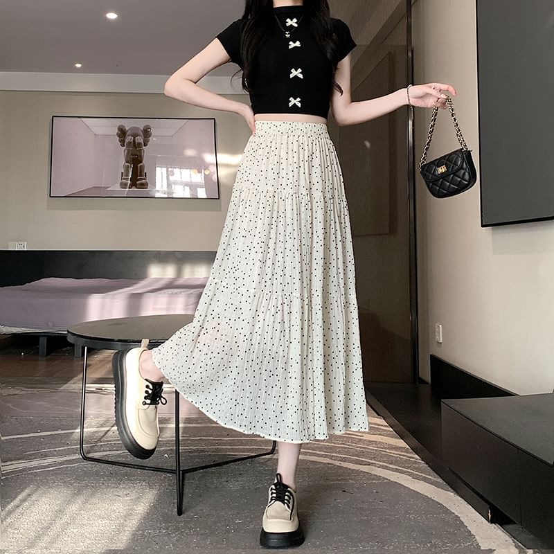 Waist Dotted Midi Skirt A-Line Elastic Tiered