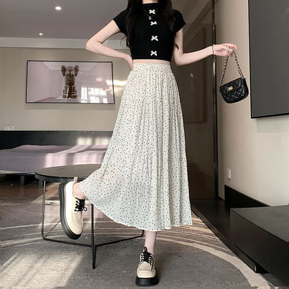 Waist Dotted Midi Skirt A-Line Elastic Tiered