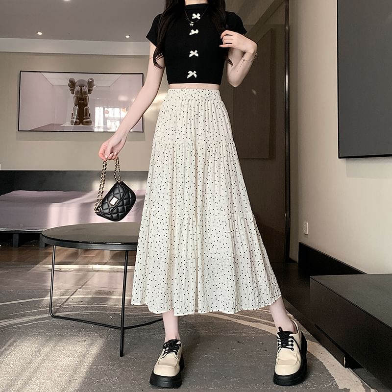 Waist Dotted Midi Skirt A-Line Elastic Tiered