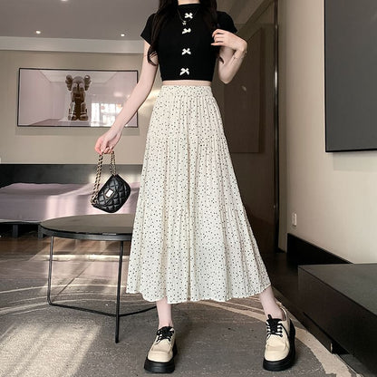 Waist Dotted Midi Skirt A-Line Elastic Tiered