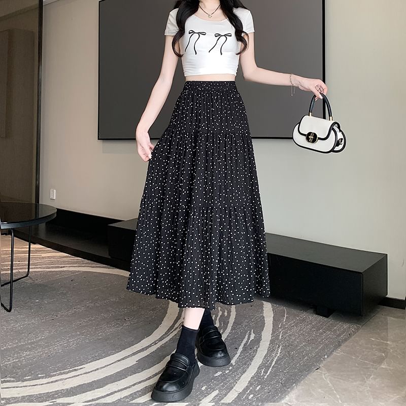 Waist Dotted Midi Skirt A-Line Elastic Tiered