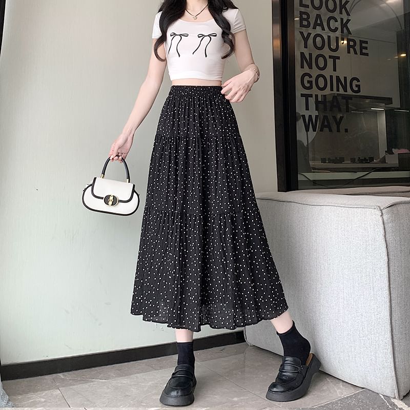 Waist Dotted Midi Skirt A-Line Elastic Tiered