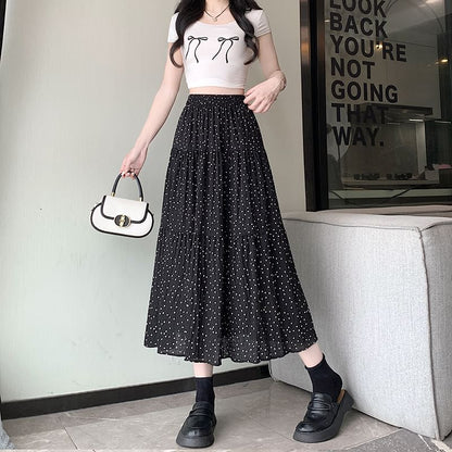 Waist Dotted Midi Skirt A-Line Elastic Tiered