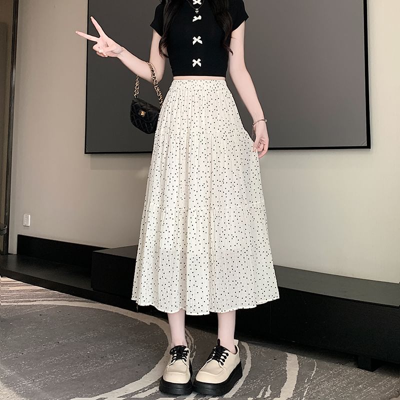 Waist Dotted Midi Skirt A-Line Elastic Tiered