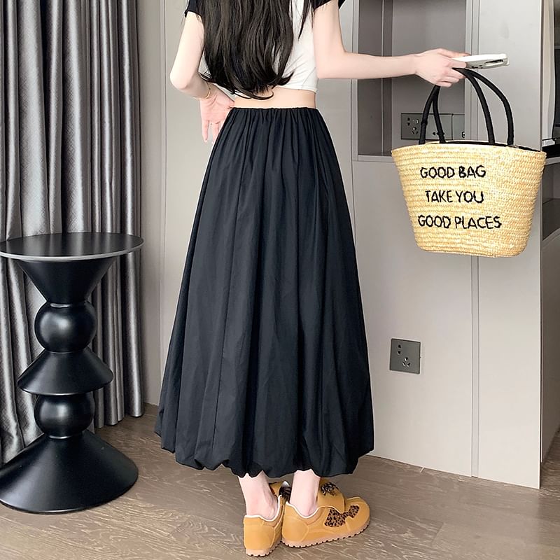 A-Line Waist Skirt Elastic Hem Bubble Plain Midi