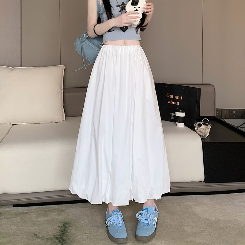 A-Line Waist Skirt Elastic Hem Bubble Plain Midi