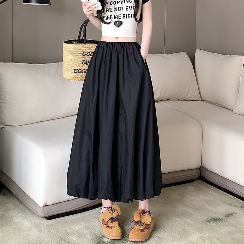 A-Line Waist Skirt Elastic Hem Bubble Plain Midi