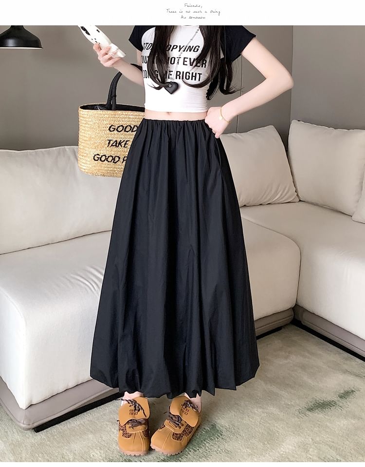 A-Line Waist Skirt Elastic Hem Bubble Plain Midi