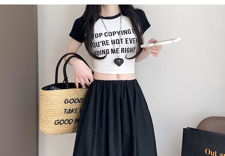 A-Line Waist Skirt Elastic Hem Bubble Plain Midi