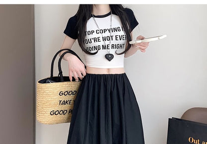 A-Line Waist Skirt Elastic Hem Bubble Plain Midi