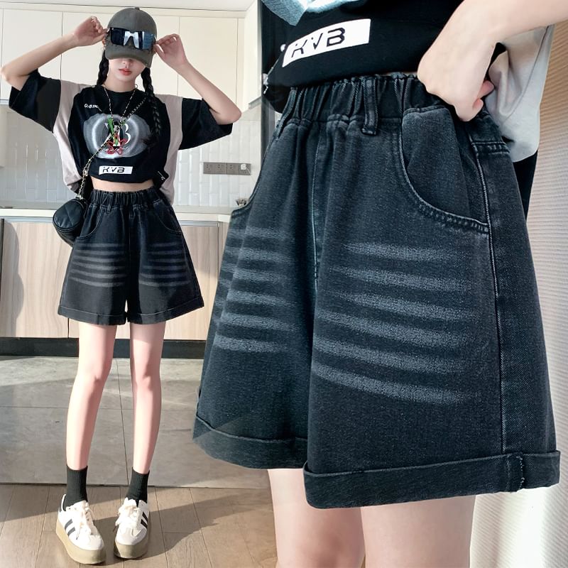 Washed Denim Waist Elastic Shorts