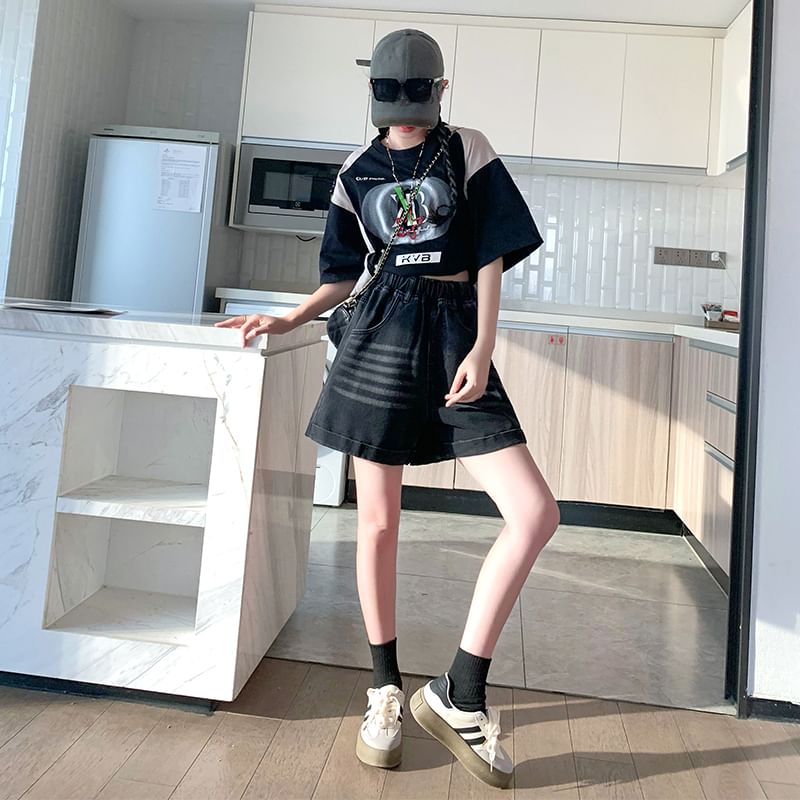 Washed Denim Waist Elastic Shorts