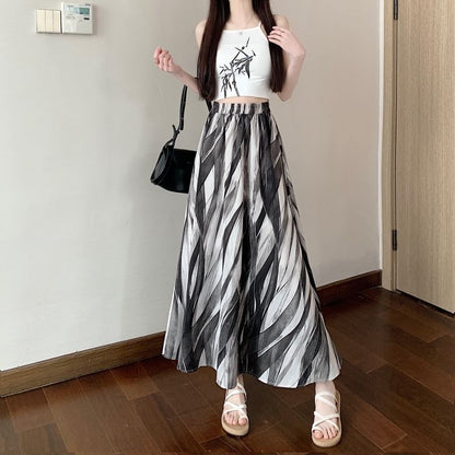 Elastic A-Line Midi Print Waist Skirt