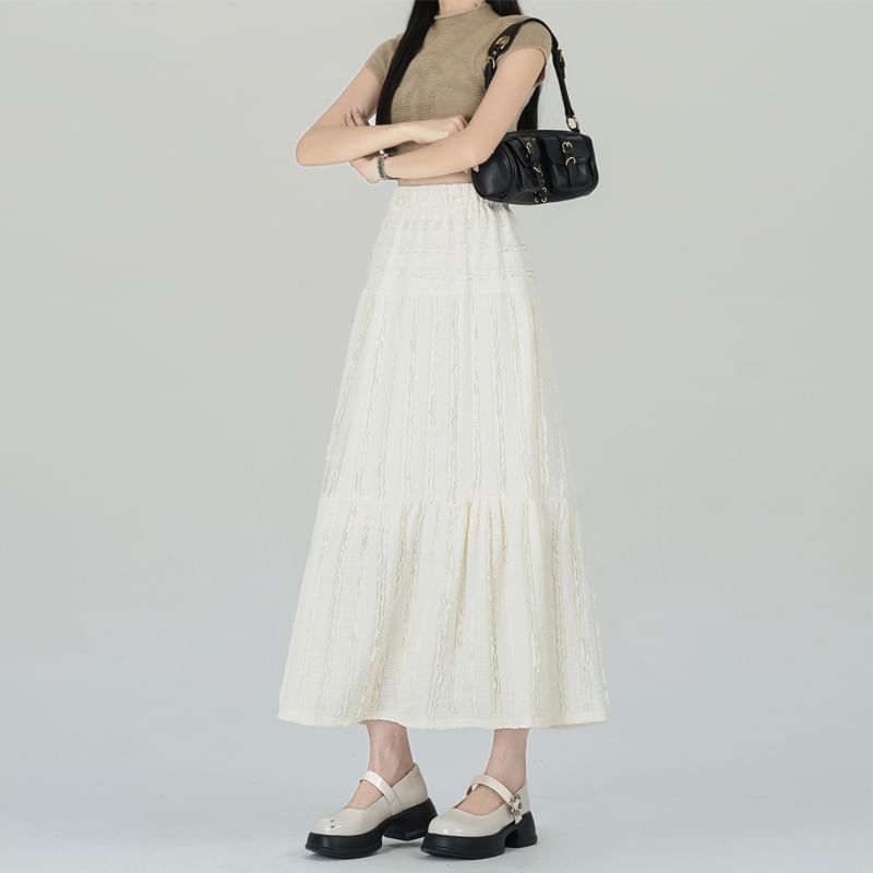 Midi Tiered Skirt Waist A-Line Elastic Plain