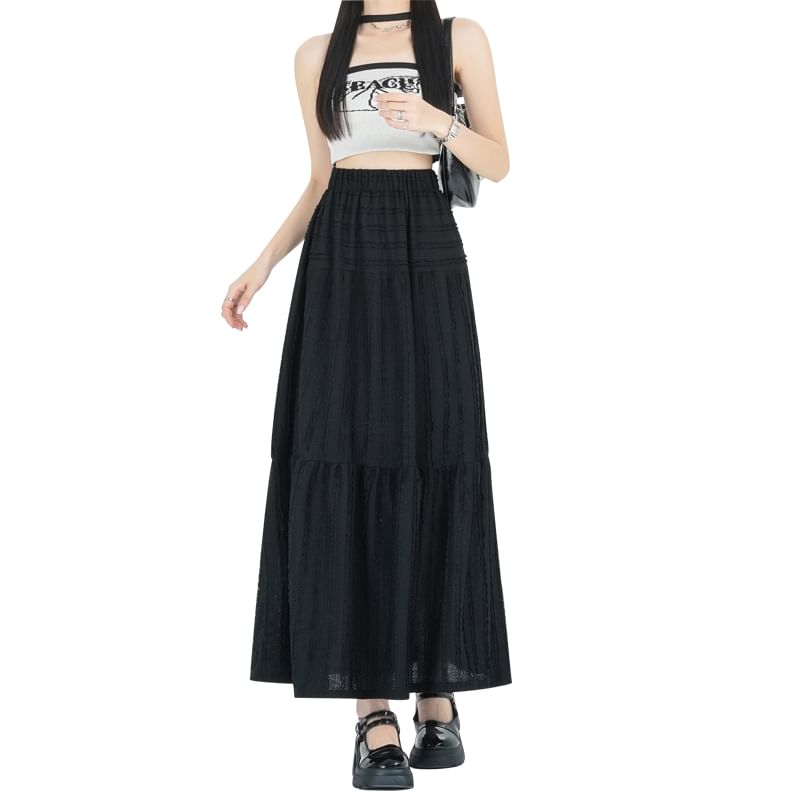 Midi Tiered Skirt Waist A-Line Elastic Plain