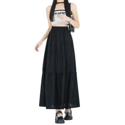 Midi Tiered Skirt Waist A-Line Elastic Plain