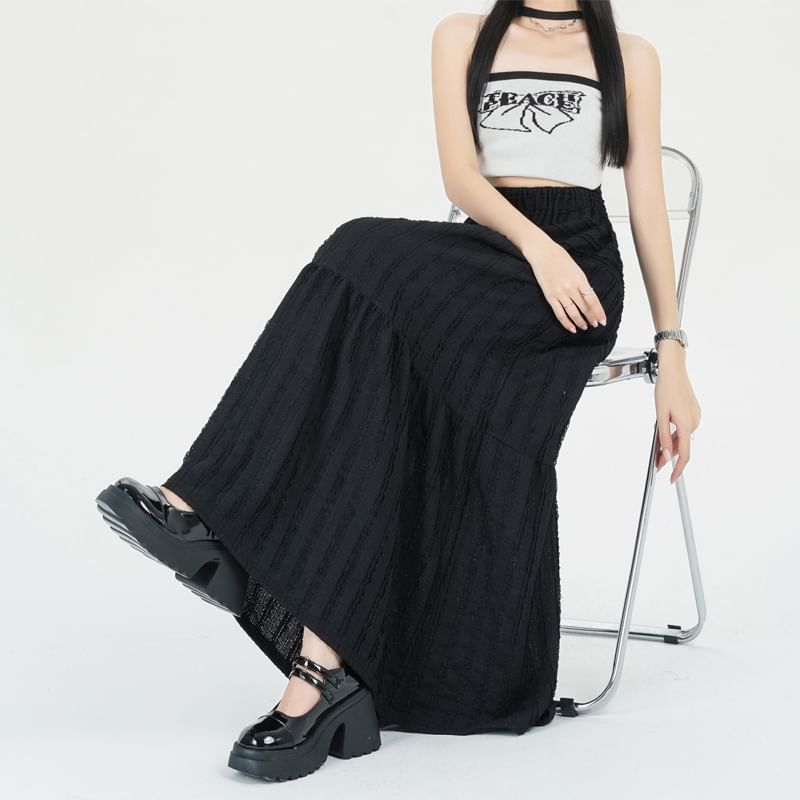 Midi Tiered Skirt Waist A-Line Elastic Plain