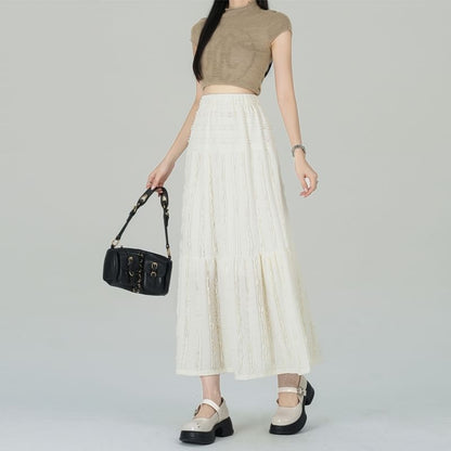 Midi Tiered Skirt Waist A-Line Elastic Plain