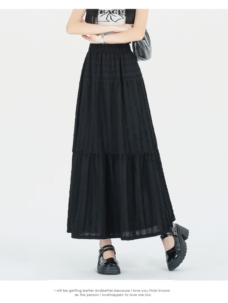 Midi Tiered Skirt Waist A-Line Elastic Plain