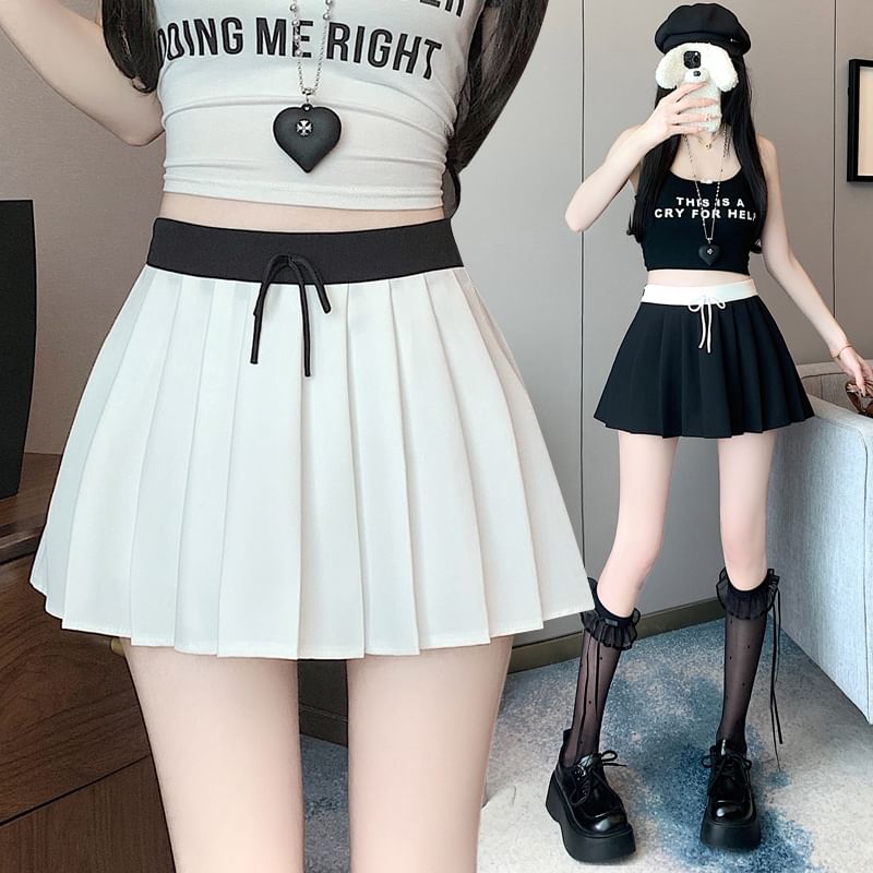 Drawstring Waist Pleated Trim Skirt A-Line Mini Contrast