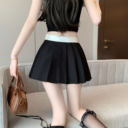 Drawstring Waist Pleated Trim Skirt A-Line Mini Contrast