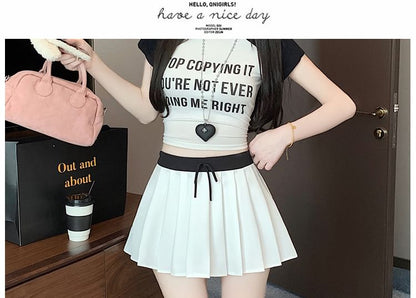 Drawstring Waist Pleated Trim Skirt A-Line Mini Contrast