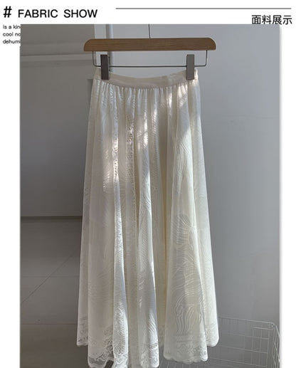 A-Line High Waist Lace Trim Floral Maxi Skirt