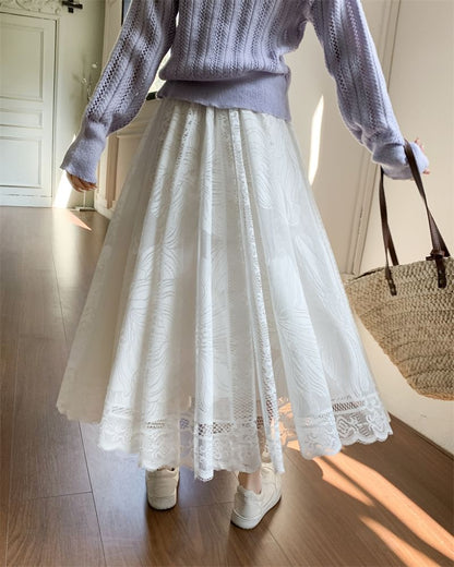 A-Line High Waist Lace Trim Floral Maxi Skirt