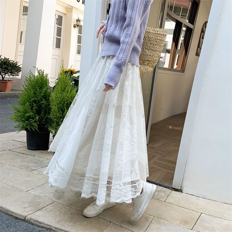 A-Line High Waist Lace Trim Floral Maxi Skirt