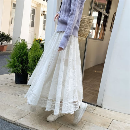 A-Line High Waist Lace Trim Floral Maxi Skirt