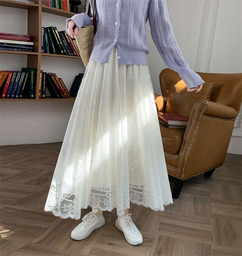 A-Line High Waist Lace Trim Floral Maxi Skirt