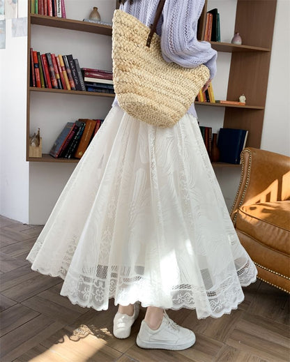 A-Line High Waist Lace Trim Floral Maxi Skirt