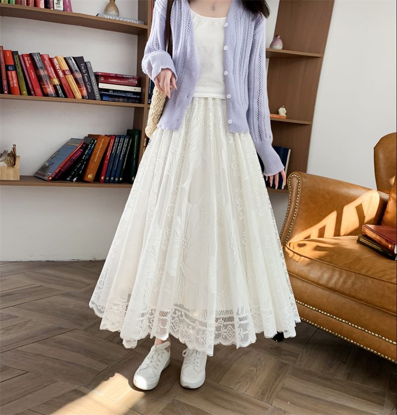 A-Line High Waist Lace Trim Floral Maxi Skirt